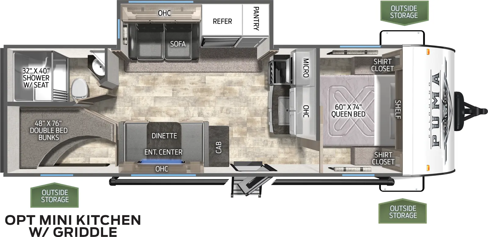 The 25BHS has one slide out on the off door side. Exterior features include a 19 foot awning and a mini camp kitchen with griddle. Interior layout from the front to back: front bedroom with a queen bed; sliding door out to kitchen; kitchen with microwave and cooktop stove; slide out containing a pantry, refrigerator and a three cushion sofa; cabinet; booth dinette; full bathroom; double stacked bunk beds.