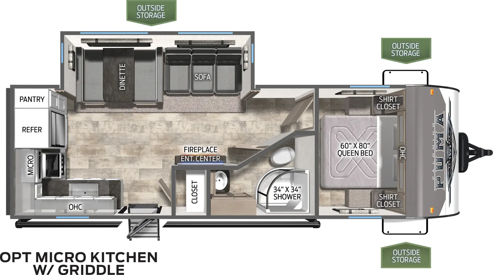 The 25RKQB has one slide out on the off door side. Exterior features include a 20 foot awning on the door side along with a micro outside kitchen. Interior layout from front to back: front bedroom with queen bed; side isle bathroom; entertainment center; kitchen living dining area with off door side slide out containing a booth dinette and a three cushion sofa; residential refrigerator, microwave and cook top stove.