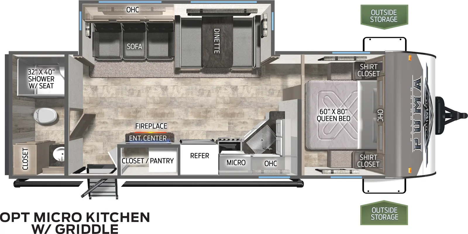 The 26RBSS has one slide out on the off door side. Exterior features include a 21 foot awning on the door side along with a micro outside kitchen with griddle. Interior layout from front to back: front bedroom with queen bed; sliding bedroom door leads out into kitchen/living area; slide out off door side containing booth dinette and three cushion sofa; residential refrigerator, microwave and cook top stove; entertainment center; pantry next to the entry door; full bath.