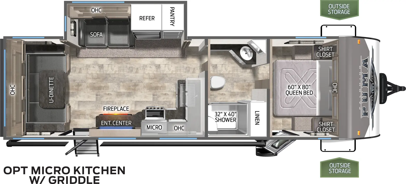 The 26RLS has one slide out on the off door side. Exterior features include a 20 foot awning on the door side along with a micro outside kitchen with griddle and two entry doors. Interior layout from front to back: front bedroom with queen bed; sliding bedroom door leading into a pass through bathroom; leading into the kitchen and living area; slide out contains a pantry, refrigerator and a three cushion sofa; L shaped counter with microwave and cook top stove; large U booth dinette.
