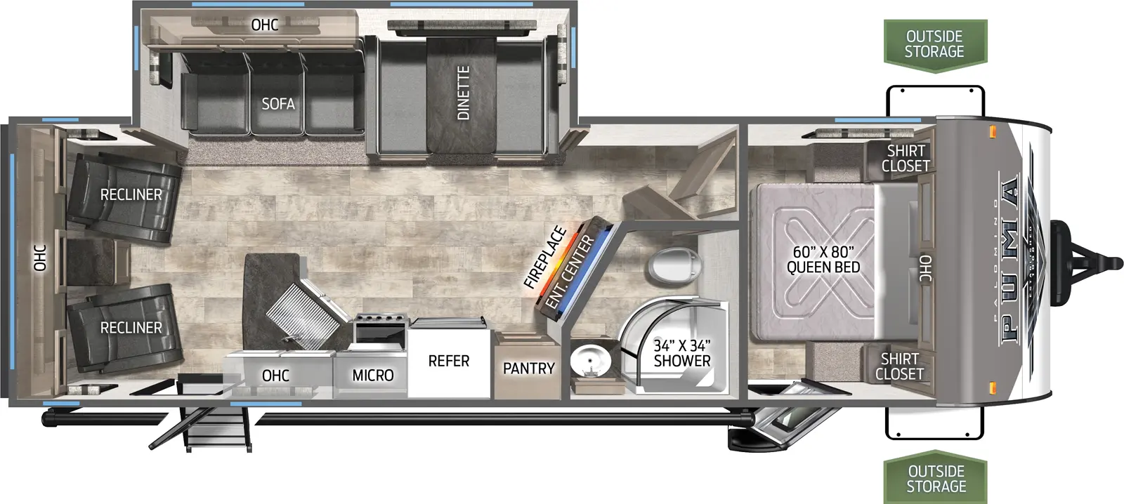 The 27RLSS has one slide out on the off door side. Exterior features include a 21 foot awning on the door side along with two exterior entry doors. Interior layout from front to back: front bedroom with queen bed and exterior entry door; interior door leads out into bathroom; leading into the kitchen and living area; slide out contains a booth dinette and a three cushion sofa; across from the slide out is the kitchen containing a pantry, residential refrigerator, microwave and cooktop oven; two push back recliners with an end table and large window.