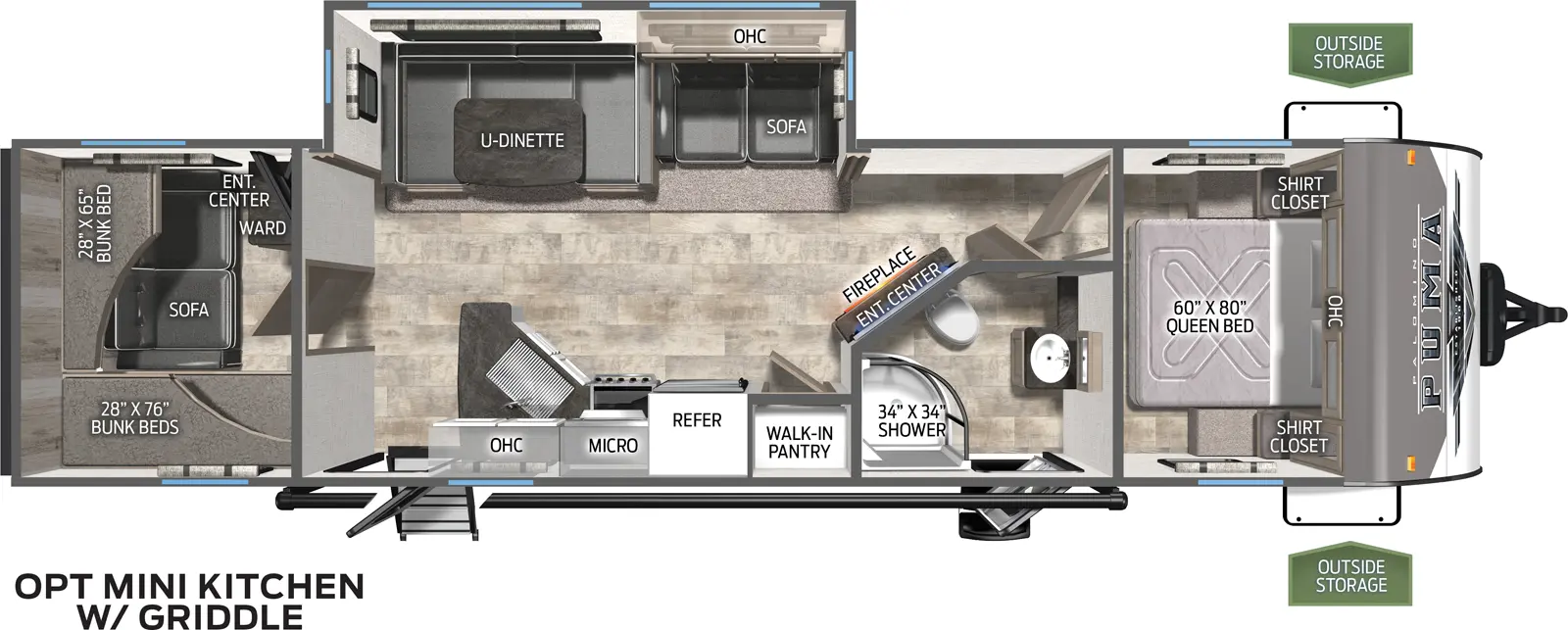 The 28BHSS has one slide out on the off door side. Exterior features include a 20 foot awning on the door side along with two exterior doors and a mini camp kitchen with griddle. Interior layout from front to back: front bedroom with queen bed; interior door leads out into bathroom; leading into the kitchen and living area; slide out contains a three cushion sofa and a U-Dinette; across from the slide out is the kitchen containing a walk in pantry, residential refrigerator, microwave and cooktop oven; bunk room with three bunk beds, sofa and entertainment center with wardrobe closet.