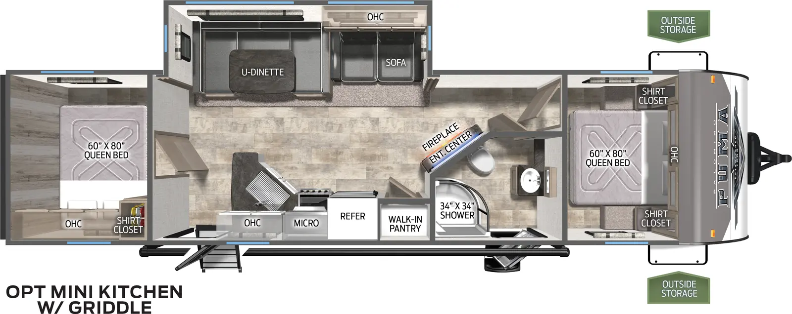 The 28BHSS2 has one slide out on the off door side. Exterior features include a 20 foot awning on the door side along with two exterior doors and a mini camp kitchen with griddle. Interior layout from front to back: front bedroom with queen bed; interior door leads out into bathroom; leading into the kitchen and living area; slide out contains a three cushion sofa and a U-Dinette; across from the slide out is the kitchen containing a walk in pantry, residential refrigerator, microwave and cooktop oven; second bedroom with queen bed.