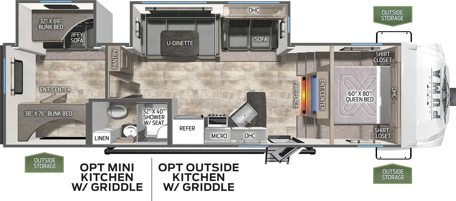 The 295BHSS has two slide outs on the off door side. Exterior features include an 18 foot awning with an outside kitchen with griddle. Interior layout from front to back: front bedroom with queen bed; pocket doors leading into the living and kitchen area; slide out containing three cushion sofa and U-dinette; kitchen containing a microwave, cooktop stove and a refrigerator; full bathroom; rear bunk house with slide out containing a fold down bunk and fold down sofa; second bunk above entertainment center.