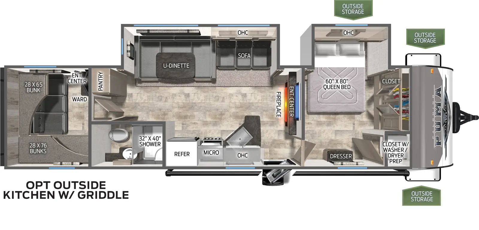 The 29BHSQ has two slideouts and one entry. Exterior features outside storage, and optional outside kitchen with griddle. Interior layout front to back: closet with washer/dryer prep, off-door side queen bed slideout with overhead cabinet, and door side dresser; entertainment center with fireplace along inner wall; off-door side slideout with sofa, overhead cabinet, and u-dinette, and a pantry; door side entry, kitchen counter with sink, overhead cabinet, microwave, cooktop, refrigerator, and full bathroom; rear bunk room with wardrobe and entertainment center, door side bunks, and rear bunk above sofa.