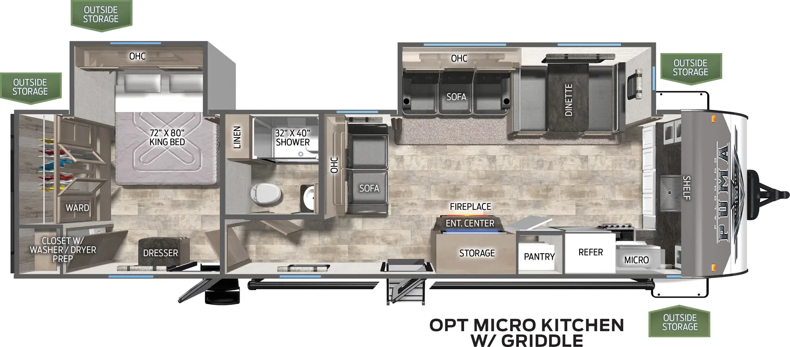 The 30FKRK has two slide outs on the off door side. Exterior features include a 21 foot awning on the door side along with a micro outside kitchen with griddle. Interior layout from front to back: front kitchen with cooktop stove, microwave, residential refrigerator, and pantry; entertainment center; slide out containing a booth dinette and two recliners; three cushion sofa; bathroom; back bedroom with slideout containing  a king bed, optional washer dryer prep.