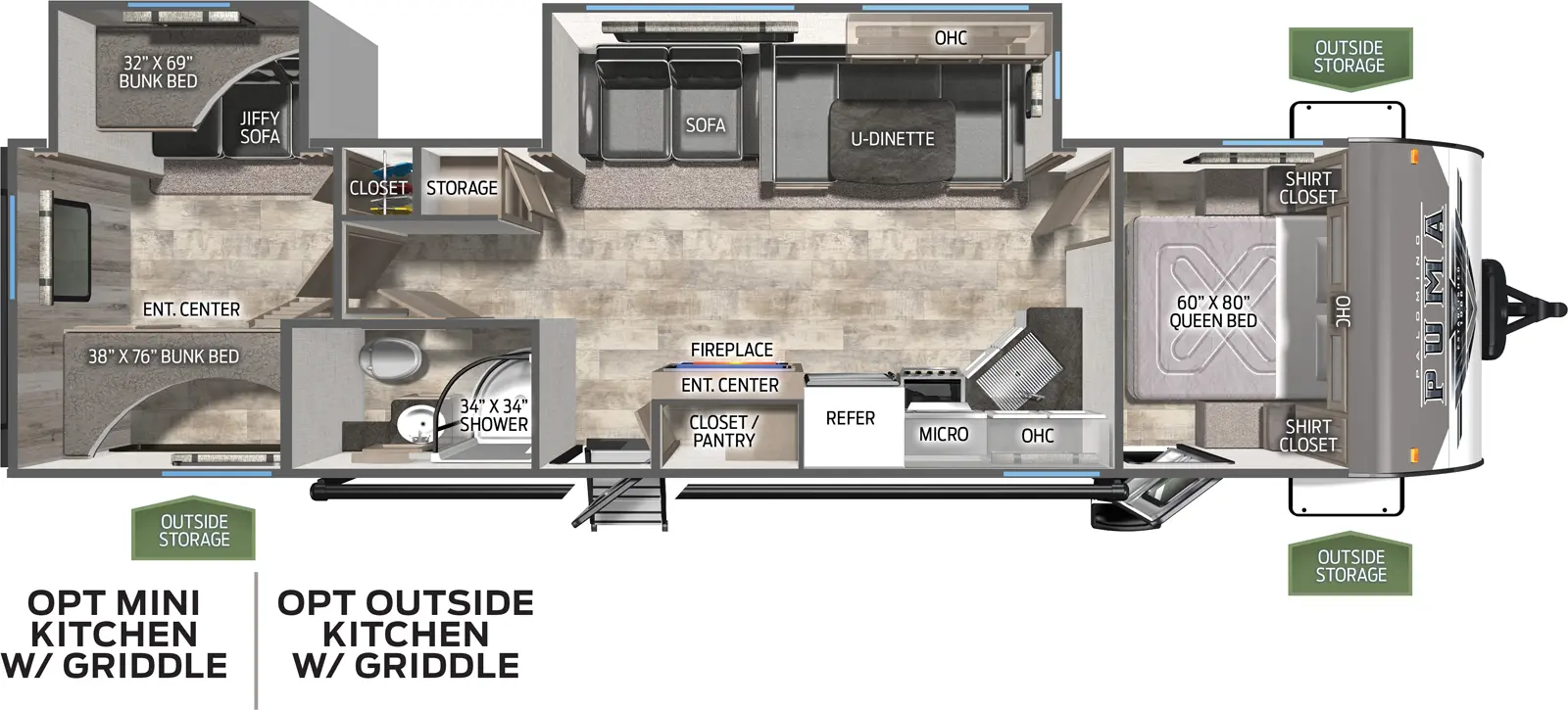 The 31QBBH has two slide outs on the off door side. Exterior features include a 21 foot awning on the door side along with an outside kitchen and two exterior doors. Interior layout from front to back: front bedroom with queen bed; slide out containing U-dinette and three cushion sofa; kitchen with microwave, cooktop stove, residential refrigerator and a pantry; full bathroom; back bunk house with two bunks and a fold down sofa.