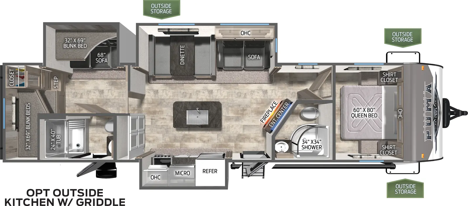 The 32BH2B has three slide outs. Two on the off door side and one on the door side. Exterior features include a 21 foot awning, two entry doors and a vertical slide kitchen with a flip out grill/griddle combo. Interior layout from front to back: front bedroom with queen bed; full bathroom; living and dining area; slide out contains a three cushion sofa and a booth dinette; kitchen island with sink; second slide out contains kitchen with residential refrigerator, microwave and cooktop stove; large pantry; sliding door into bunk house containing full bathroom; third slide out containing a fold down bunk and fold down sofa; closet and double bunk.
