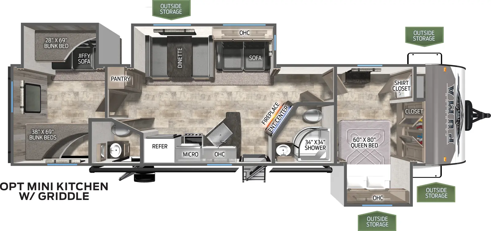 The 32BHQS has three slide outs. Two on the off door side and one on the door side. Exterior features include a 19 foot awning, mini camp kitchen and two exterior entry doors. Interior layout from front to back: front bedroom with slide out containing a queen bed and closet with washer dryer prep; full bathroom; kitchen and living area with off door slide out containing a three cushion sofa and a booth dinette; kitchen with a cooktop stove, microwave and a refrigerator; half bathroom; pantry; bunk house with third slide out containing fold down bunk and fold down sofa, second bunk bed.