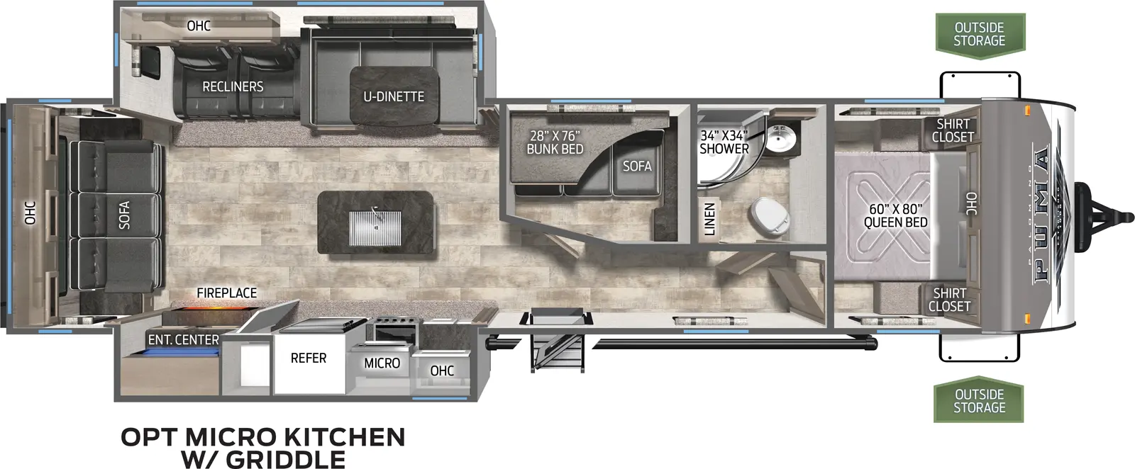 The 32MBDS has two slide outs on the off door side and door side. Exterior features include a 15 foot awning and a micro outside kitchen. Interior layout from front to back: front bedroom with queen bed; full bathroom; bunk room with fold down bunk and fold down sofa; kitchen and living area with island in the middle; off door slide out containing a U-dinette and two recliners; door side slide out containing kitchen with cooktop stove, microwave, refrigerator, pantry and entertainment center; three cushion sofa.