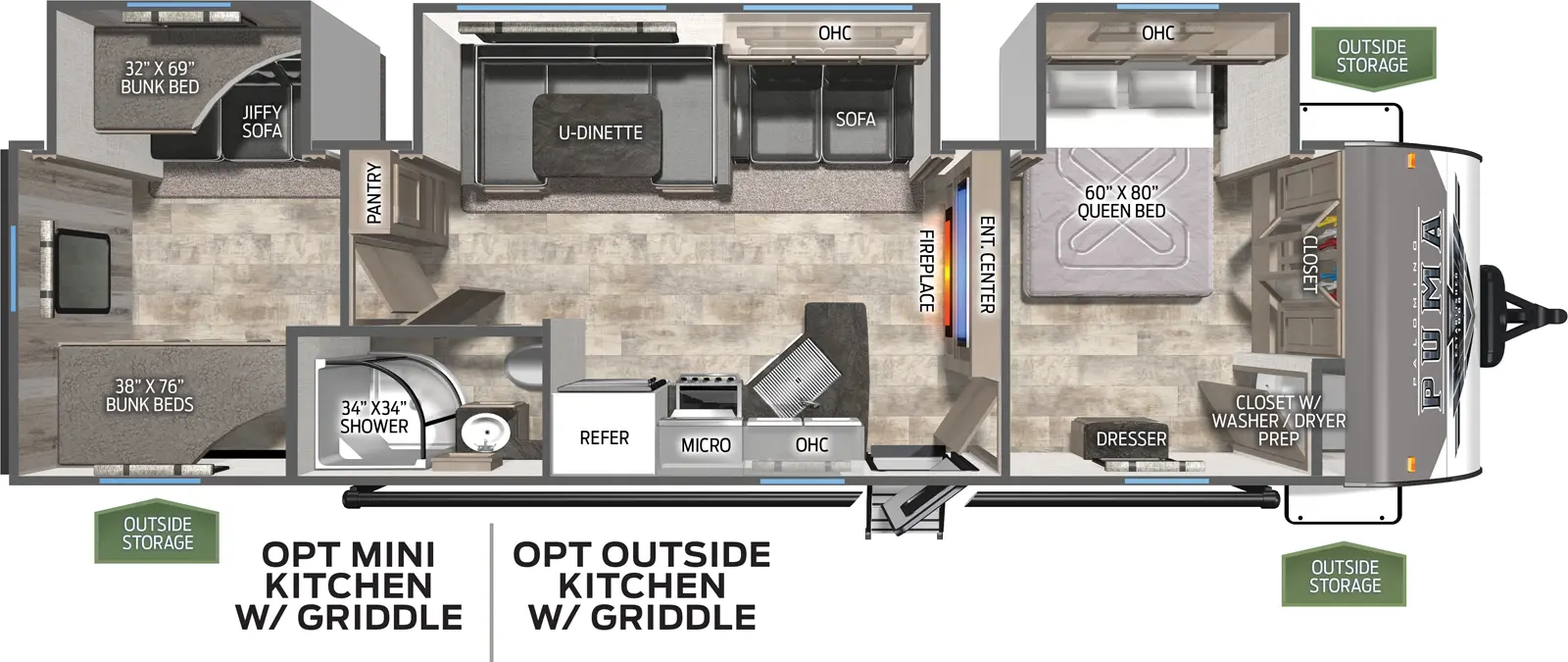 The 32RBFQ has three slide outs on the off door side. Exterior features include a 21 foot awning and an outside kitchen with griddle. Interior layout from front to back: front bedroom with slide out containing a queen bed, closet with washer dryer prep; kitchen and living area with slide out containing a three cushion sofa and U-dinette; kitchen contains a cooktop stove, microwave and refrigerator; full bathroom; bunk house with slide out containing a fold down bunk and fold down sofa, second bunk bed across from that.