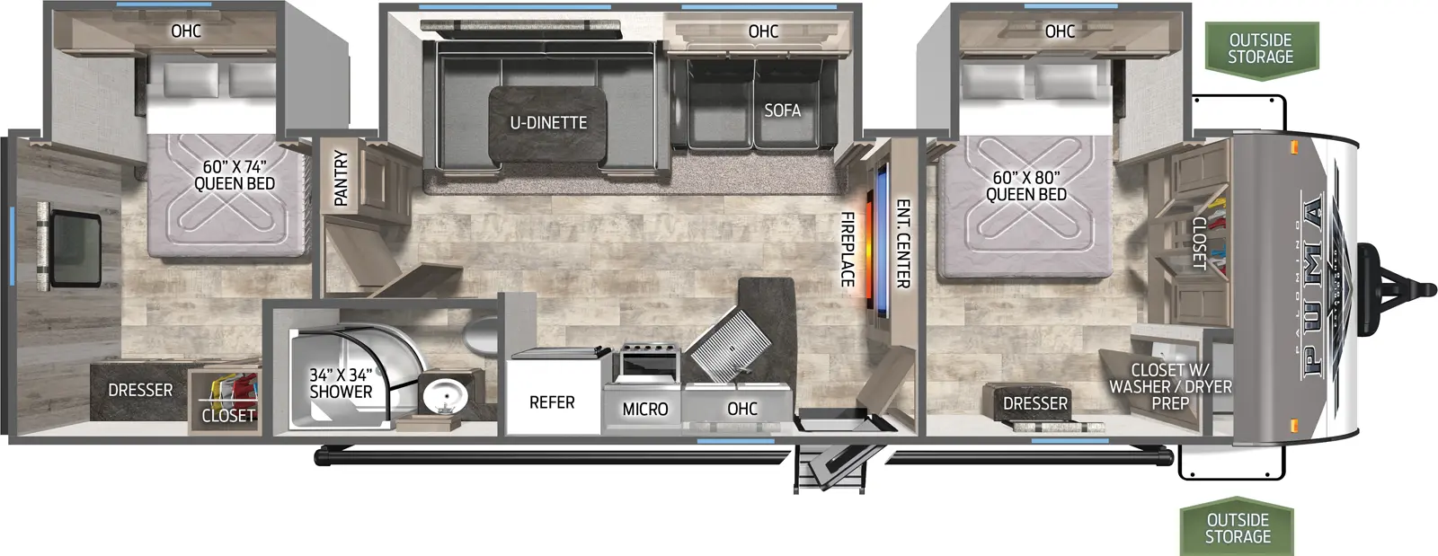 The 32RBFQ has three slide outs on the off door side. Exterior features include a 21 foot awning and an outside kitchen with griddle. Interior layout from front to back: front bedroom with slide out containing a queen bed, closet with washer dryer prep; kitchen and living area with slide out containing a three cushion sofa and U-dinette; kitchen contains a cooktop stove, microwave and refrigerator; full bathroom; second bedroom with slide out containing a queen bed, large dresser and closet.