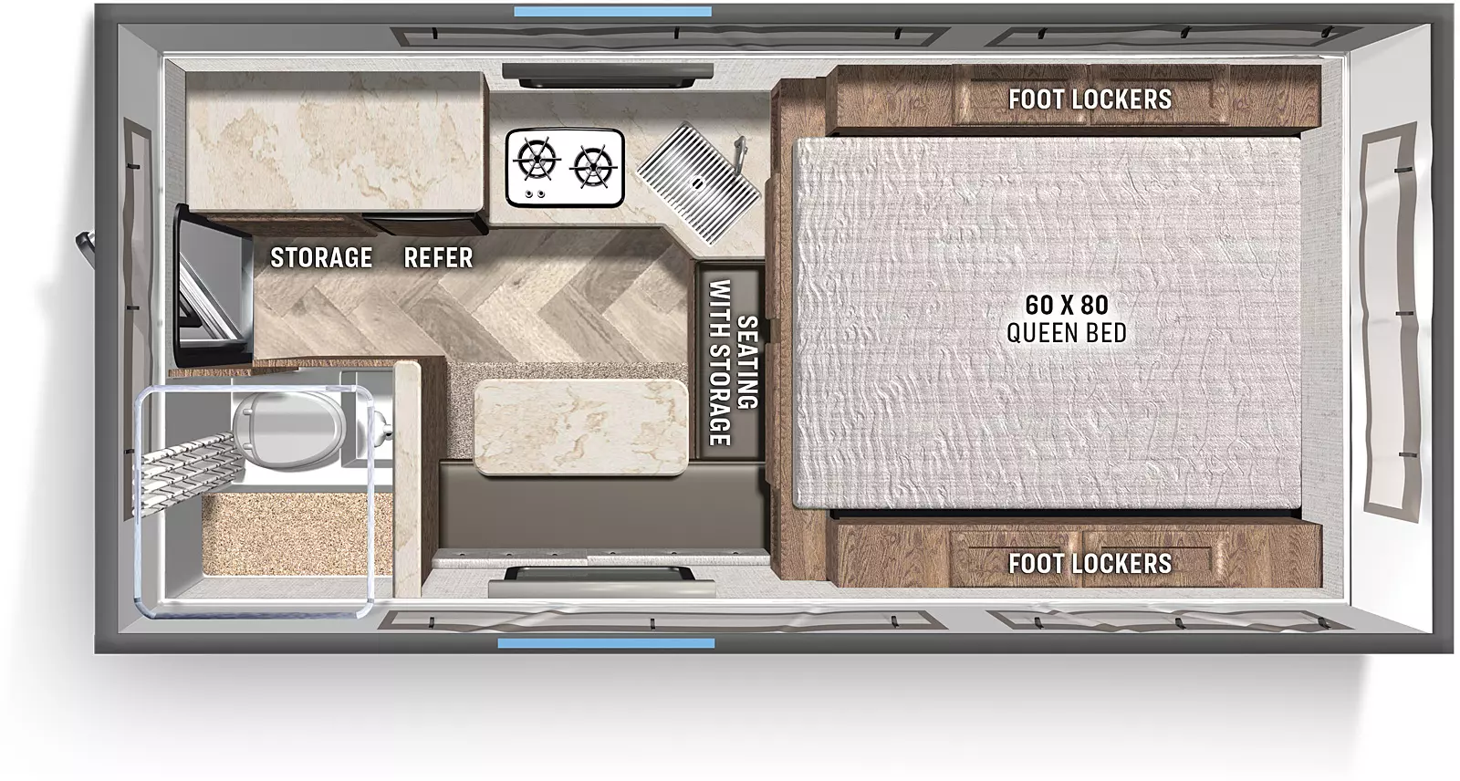 The Backpack SS-1251 includes a rear entry door, storage closet, a refrigerator, a sink and cooktop, a step up to the bedroom; bedroom includes a 60 x 80 queen bed, storage and foot lockers on both sides; the kitchen includes a dinette booth with table and storage underneath seating, a wardrobe, toilet and shower. 