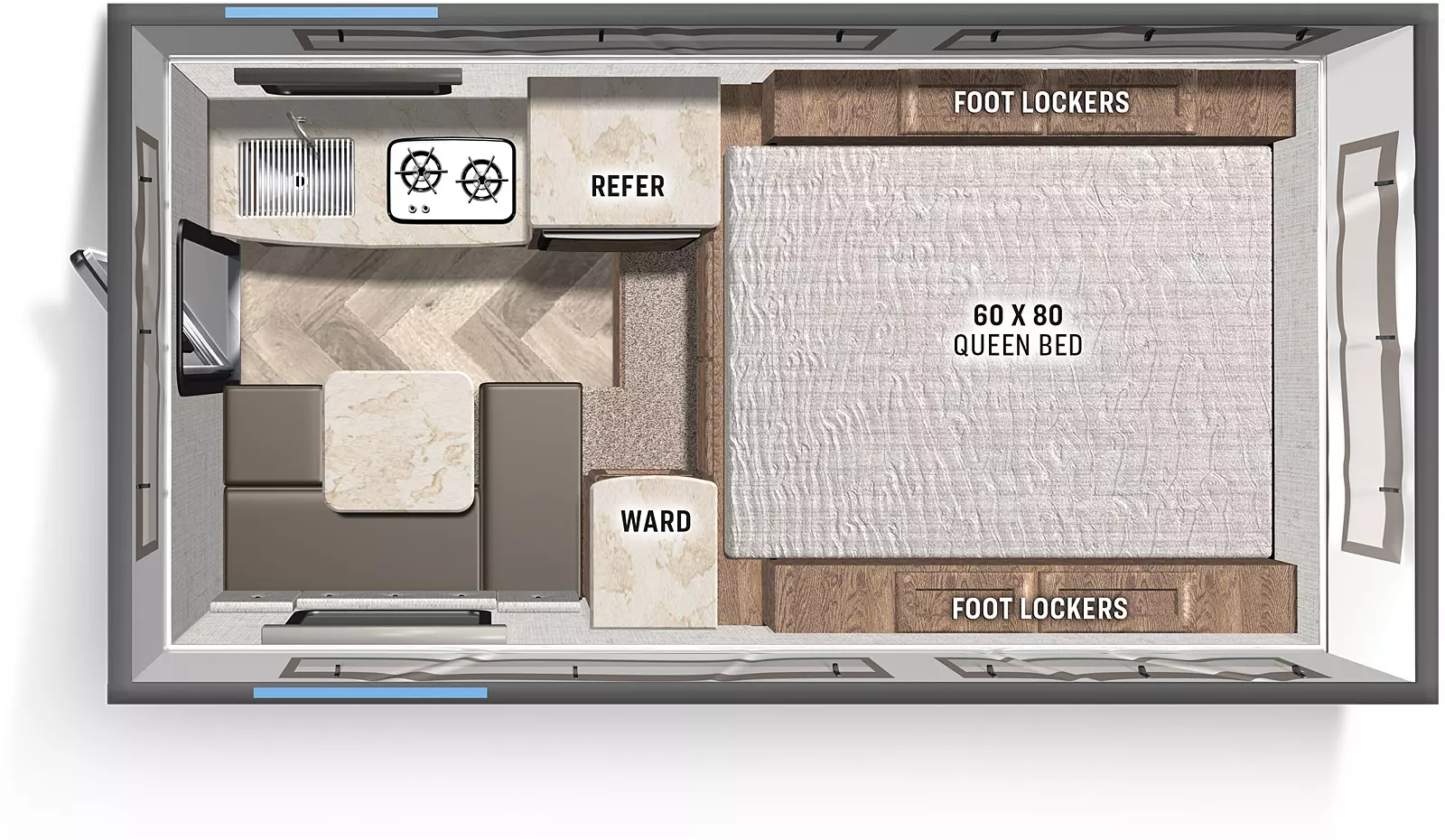 The Backpack SS-550 a rear entry door, a sink and cooktop with overhead cabinets,  a refrigerator, step up to the bedroom; a 60 x 80 queen bed with storage and foot lockers o both sides; a wardrobe below the TV top, and a dinette with seating and a table. 