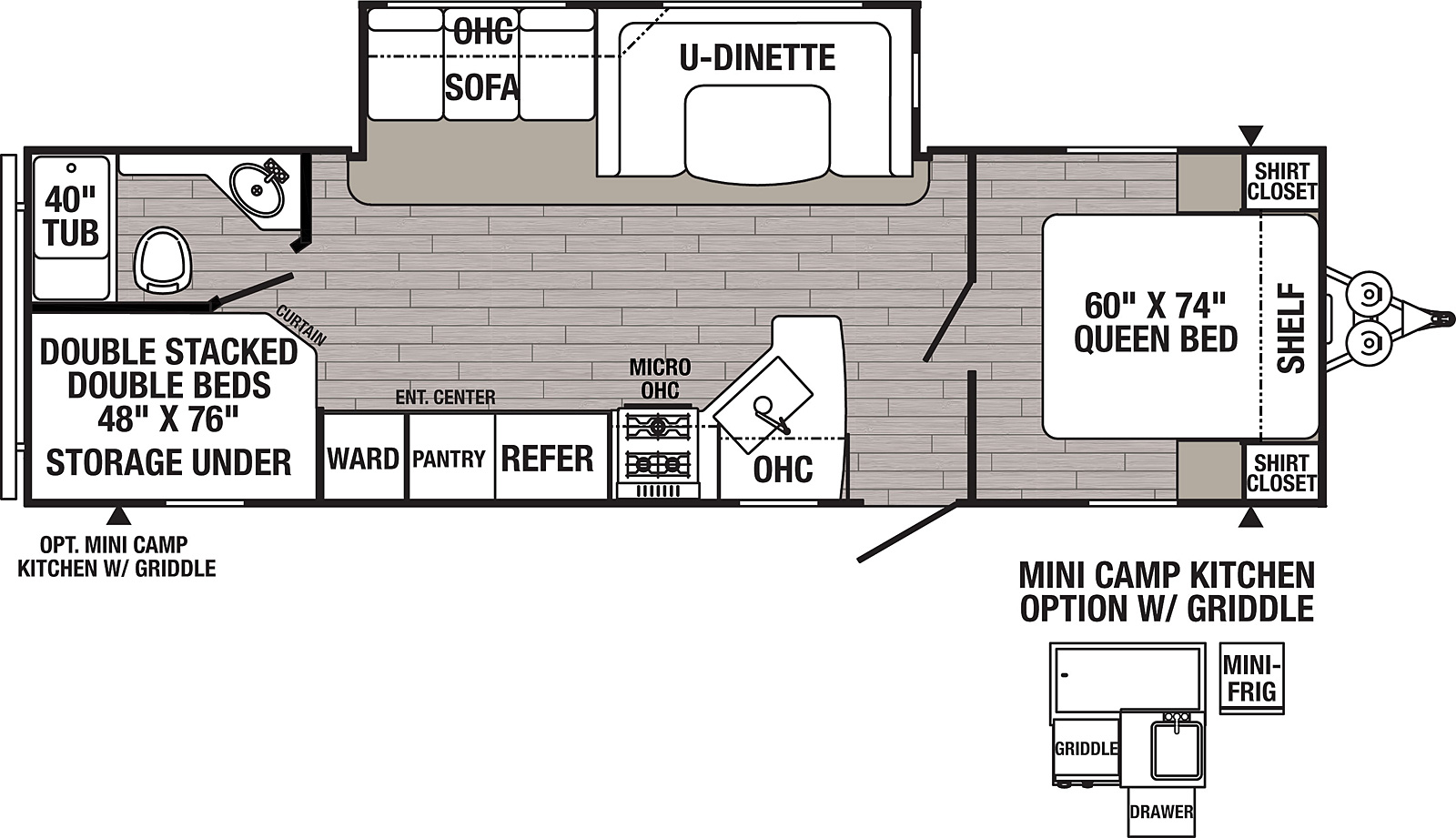 The 27RBQC has one slide out on the off door side. Exterior features include a 21 foot awning and a mini camp kitchen with griddle. Interior layout from the front to back: front bedroom with queen bed; slide out containing a U-dinette and a three cushion sofa; kitchen with microwave, cooktop stove, refrigerator, pantry and wardrobe; double stacked bunk beds; full bathroom.