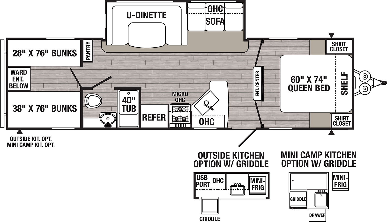 The 30DBSC has one slide out on the off door side. Exterior features include an 18 foot awning and an outside kitchen. Interior layout from the front to back: front bedroom with queen bed and double door entry; entertainment center; slide out containing a three cushion sofa and U-dinette; kitchen with microwave, cooktop stove, refrigerator and pantry; full bathroom; pantry; bunk house with four bunks and a wardrobe.