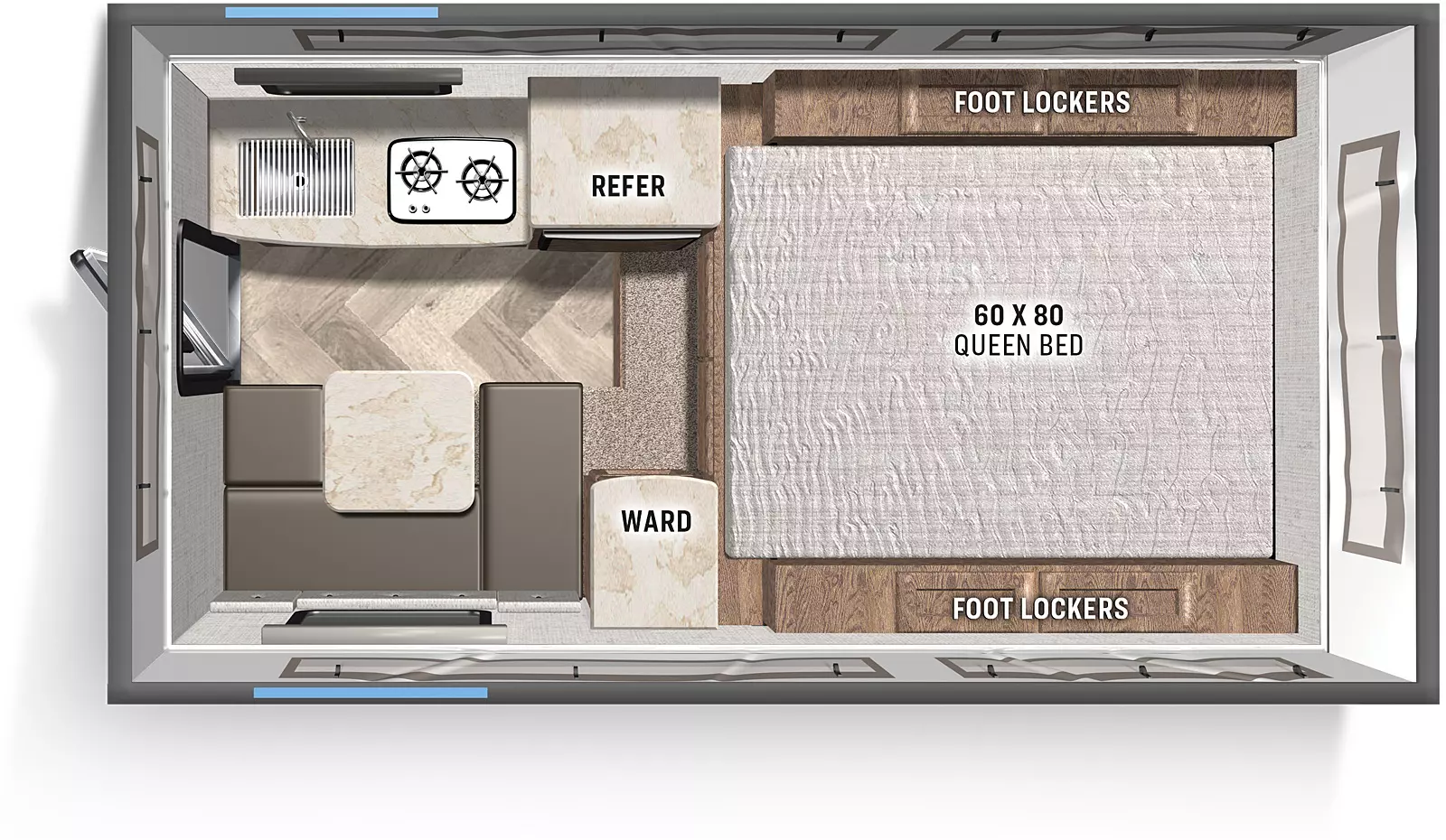 The Real Lite SS-1604 includes a rear entry door, a kitchen sink, cooktop, and over head storage, a refrigerator a step up to a 60 x 80 queen bed, bedroom storage with footlockers on both sides, wardrobe below TV top; and dinette seating with table. 
