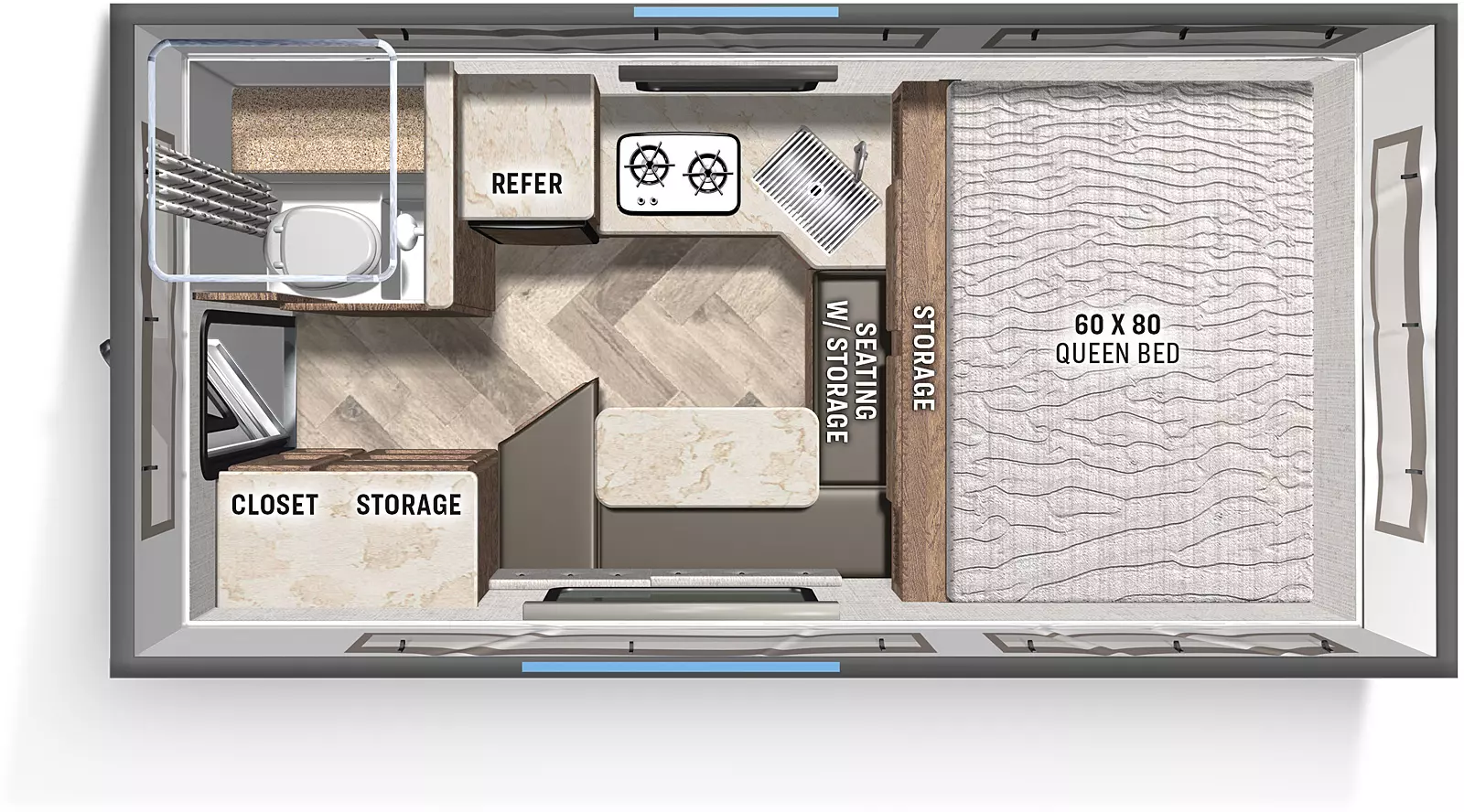 The Real Lite SS 1610 includes a rear entry door, a shower and toilet, refrigerator, a cooktop and kitchen sink; a 60 x 80 queen bed; a dinette with seating and storage underneath, a table, and closet/LP storage. 