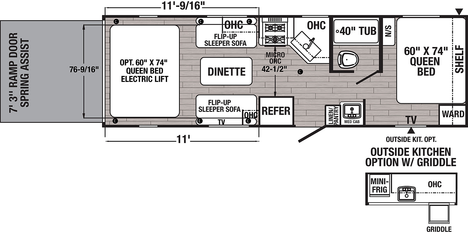 The 25TFC has no slide outs. Exterior features include a 14 foot awning and an outside kitchen with griddle. Interior layout from the front to back: queen bed; full bathroom; pantry; kitchen with microwave, cooktop stove and refrigerator; dinette with flip up sleeper sofas; queen bed electric lift system; ramp door.