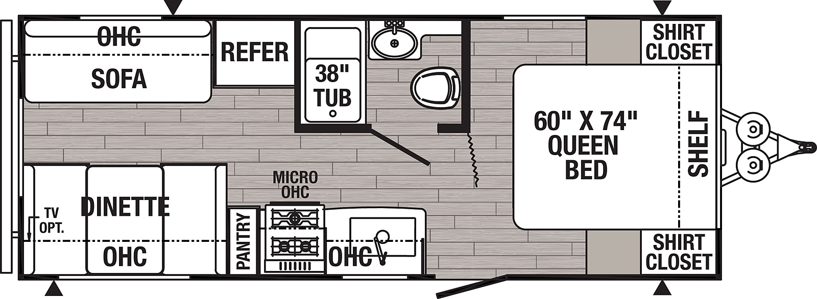 The 20RLC has no slide outs. Exterior features include a 10 foot awning. Interior layout from the front to back: queen bed with two shirt closets; full bathroom; kitchen with microwave, cooktop stove and pantry; refrigerator on the off door side; sofa; booth dinette.