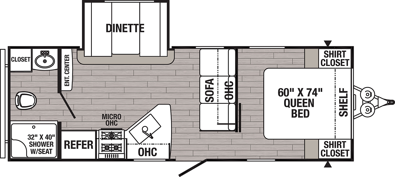 The 24FBSC has one slide out on the off door side. Exterior features include a 16 foot awning. Interior layout from the front to back: front bedroom with queen bed; sliding door out to three cushion sofa; kitchen with microwave, cooktop stove and refrigerator; slide out containing a booth dinette; entertainment center; full bathroom with closet.